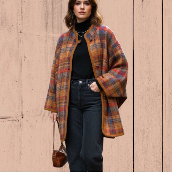 Vintage Sweaters - Vintage 80s wool mohair plaid knit sweater button down cap style